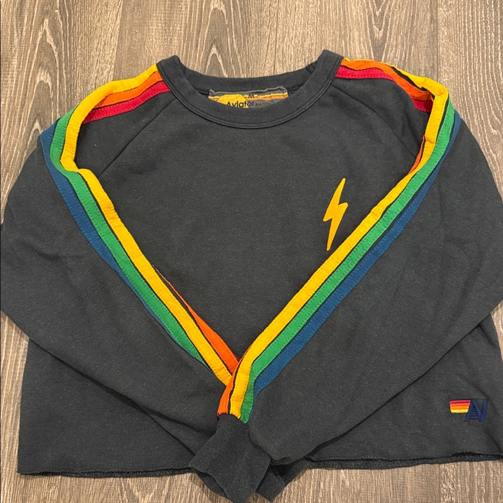 Aviator Nation CROPPED Black Sweater with Rainbow Stripes